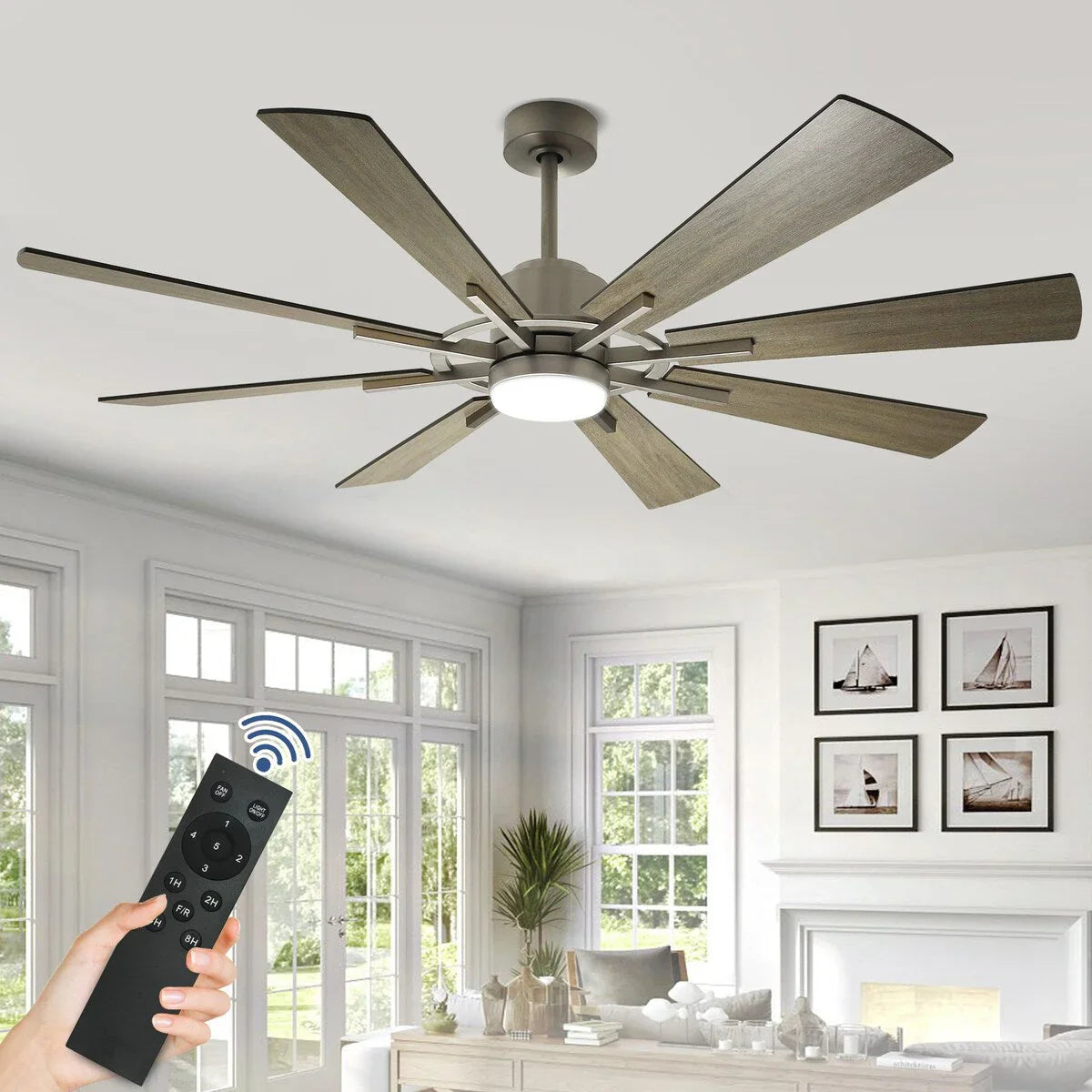 Ventilateur de plafond télécommandé avec lumières, grandes 8 pales en bois
