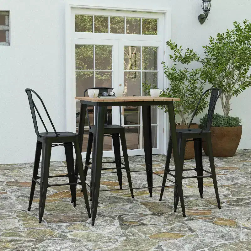 Table haute de bar intérieur/extérieur, plateau carré en polyrésine tout temps de 80 cm avec base en acier