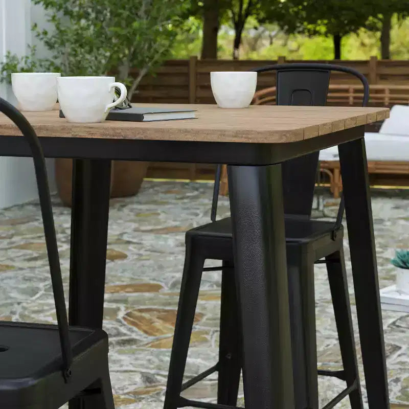 Table haute de bar intérieur/extérieur, plateau carré en polyrésine tout temps de 80 cm avec base en acier