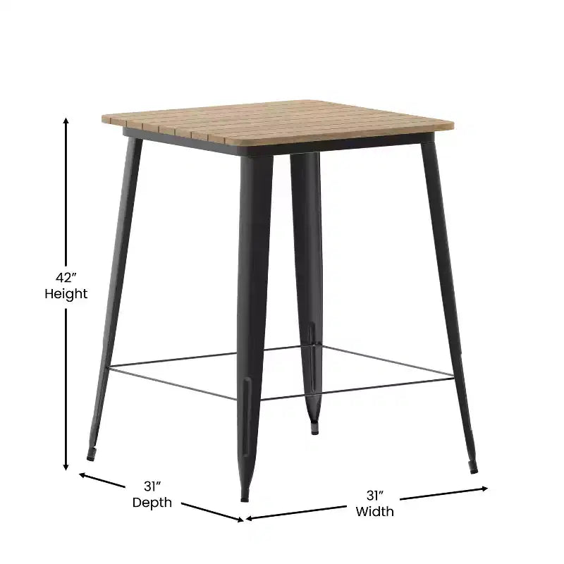 Table haute de bar intérieur/extérieur, plateau carré en polyrésine tout temps de 80 cm avec base en acier