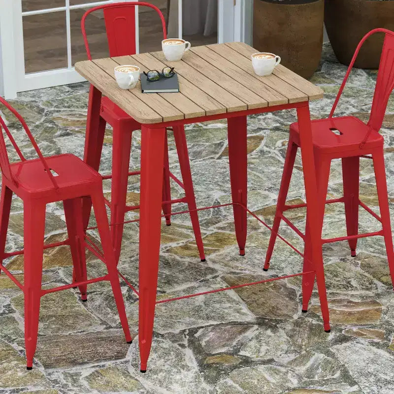 Table haute de bar intérieur/extérieur, plateau carré en polyrésine tout temps de 80 cm avec base en acier