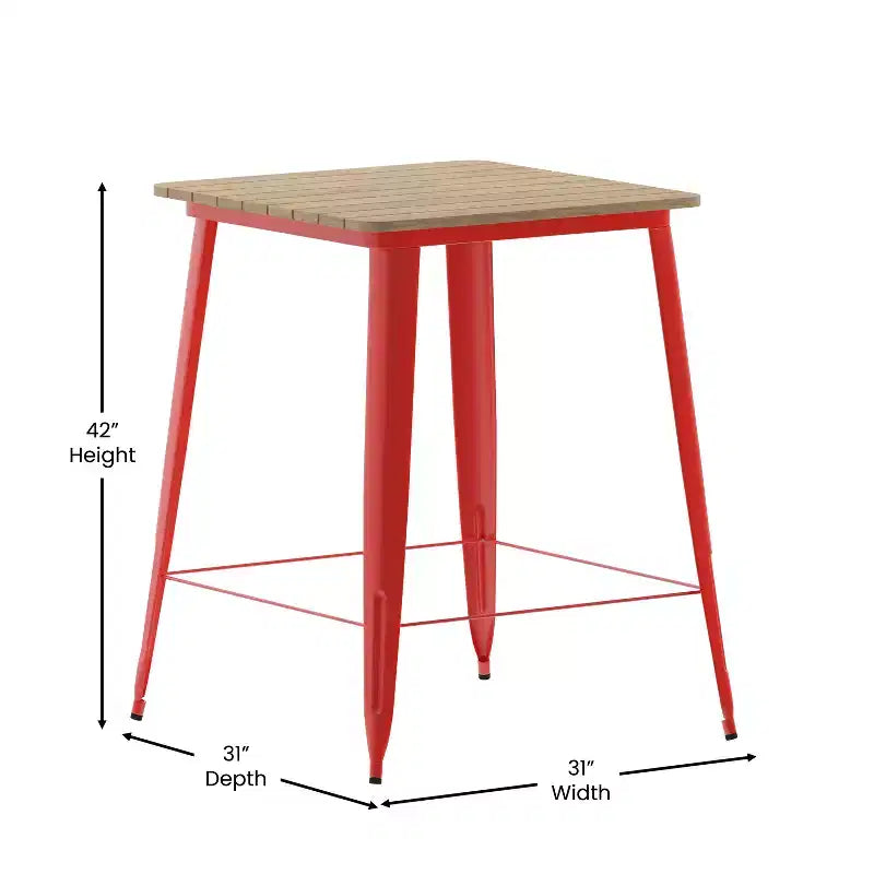 Table haute de bar intérieur/extérieur, plateau carré en polyrésine tout temps de 80 cm avec base en acier