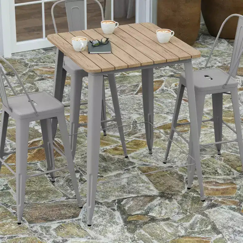 Table haute de bar intérieur/extérieur, plateau carré en polyrésine tout temps de 80 cm avec base en acier