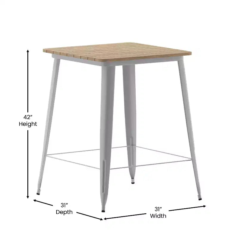 Table haute de bar intérieur/extérieur, plateau carré en polyrésine tout temps de 80 cm avec base en acier