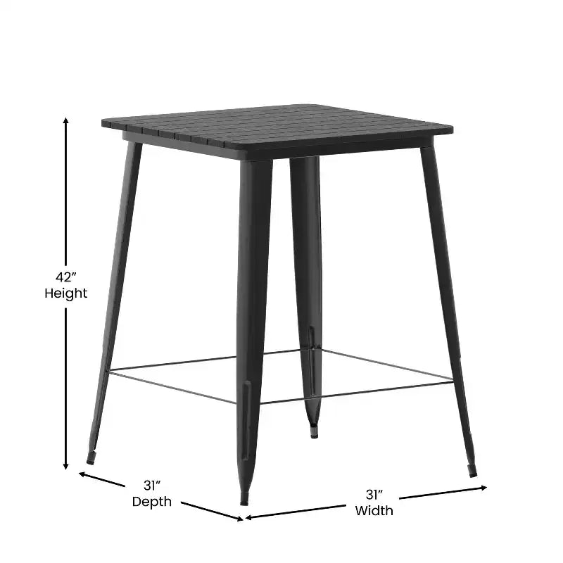 Table haute de bar intérieur/extérieur, plateau carré en polyrésine tout temps de 80 cm avec base en acier