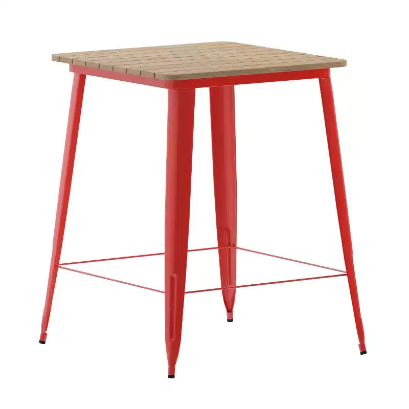 Table haute de bar intérieur/extérieur, plateau carré en polyrésine tout temps de 80 cm avec base en acier