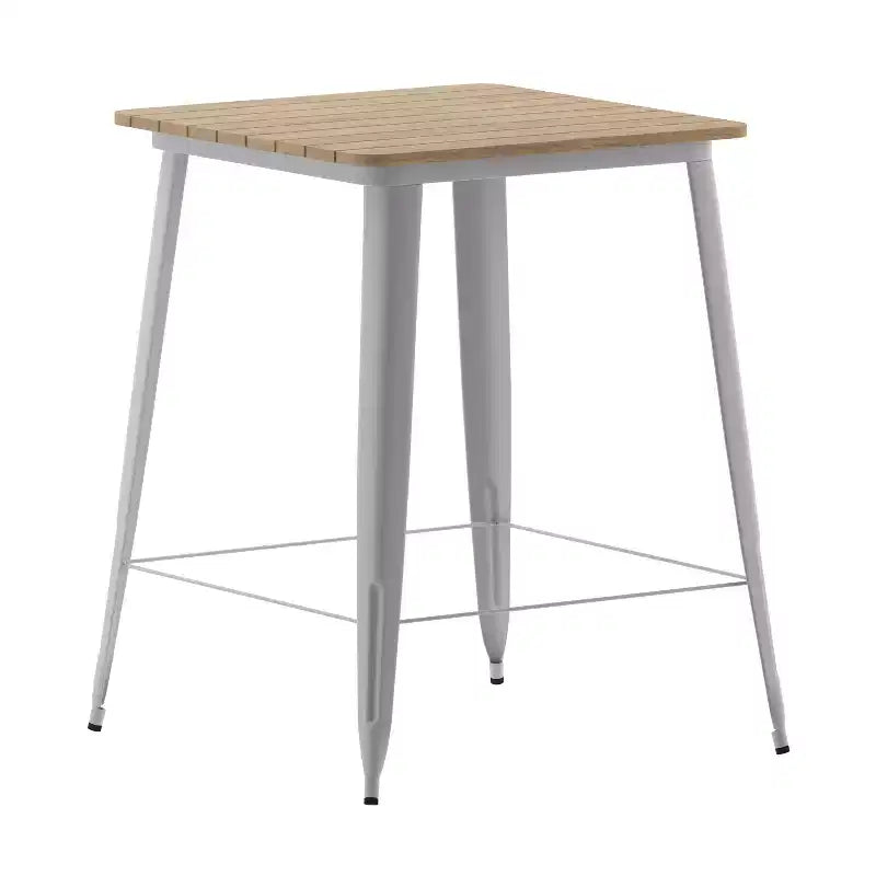 Table haute de bar intérieur/extérieur, plateau carré en polyrésine tout temps de 80 cm avec base en acier