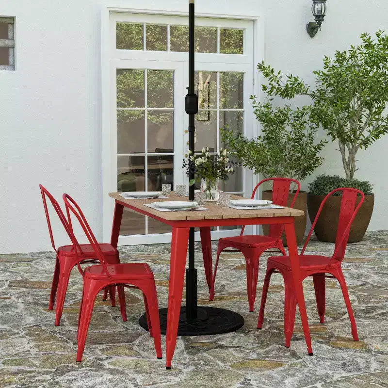 Table de salle à manger intérieure/extérieure avec trou pour parasol, plateau en polyrésine toutes saisons 30 x 60 et base en acier