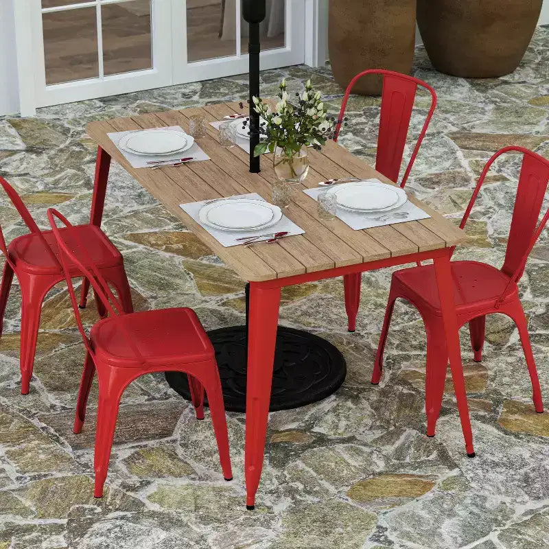 Table de salle à manger intérieure/extérieure avec trou pour parasol, plateau en polyrésine toutes saisons 30 x 60 et base en acier