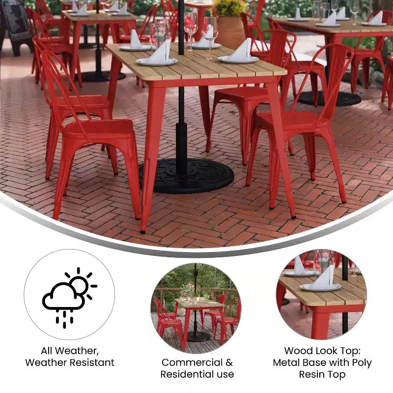 Table de salle à manger intérieure/extérieure avec trou pour parasol, plateau en polyrésine toutes saisons 30 x 60 et base en acier
