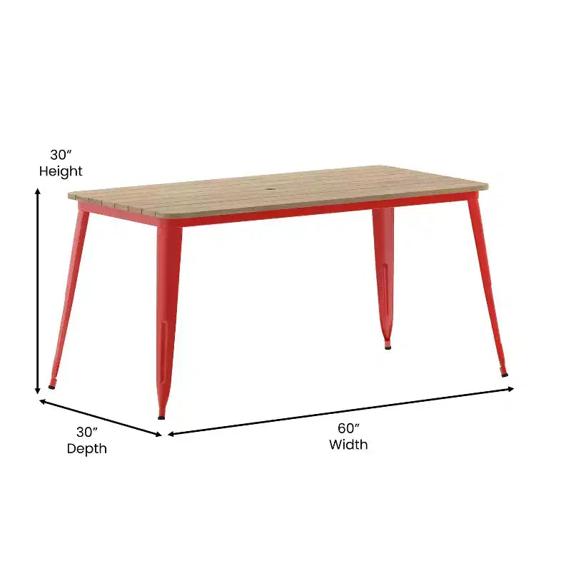 Table de salle à manger intérieure/extérieure avec trou pour parasol, plateau en polyrésine toutes saisons 30 x 60 et base en acier