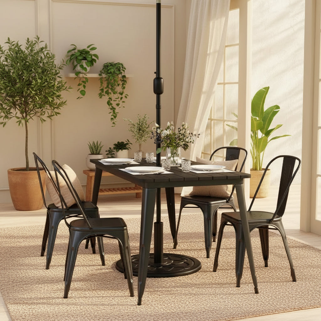 Table de salle à manger intérieure/extérieure avec trou pour parasol, plateau en polyrésine toutes saisons 30 x 60 et base en acier