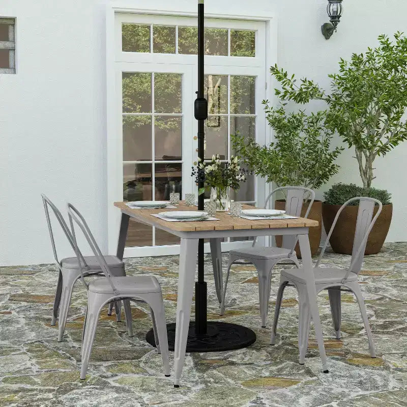 Table de salle à manger intérieure/extérieure avec trou pour parasol, plateau en polyrésine toutes saisons 30 x 60 et base en acier