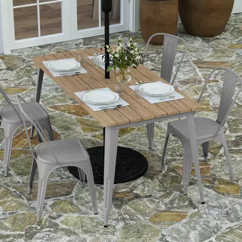 Table de salle à manger intérieure/extérieure avec trou pour parasol, plateau en polyrésine toutes saisons 30 x 60 et base en acier