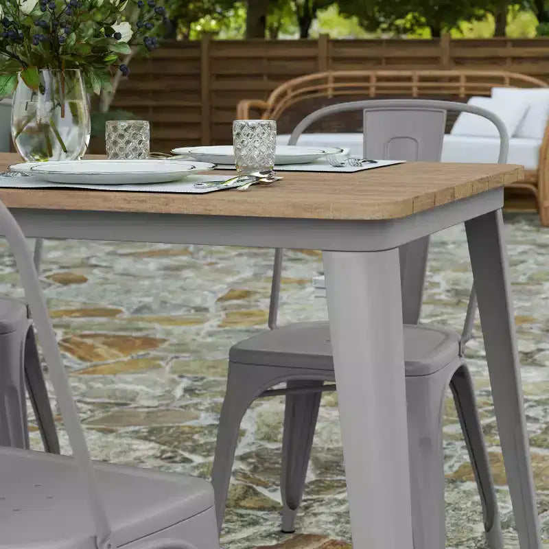 Table de salle à manger intérieure/extérieure avec trou pour parasol, plateau en polyrésine toutes saisons 30 x 60 et base en acier