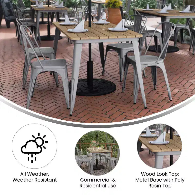 Table de salle à manger intérieure/extérieure avec trou pour parasol, plateau en polyrésine toutes saisons 30 x 60 et base en acier
