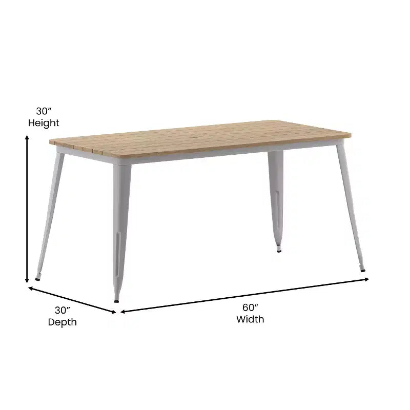 Table de salle à manger intérieure/extérieure avec trou pour parasol, plateau en polyrésine toutes saisons 30 x 60 et base en acier