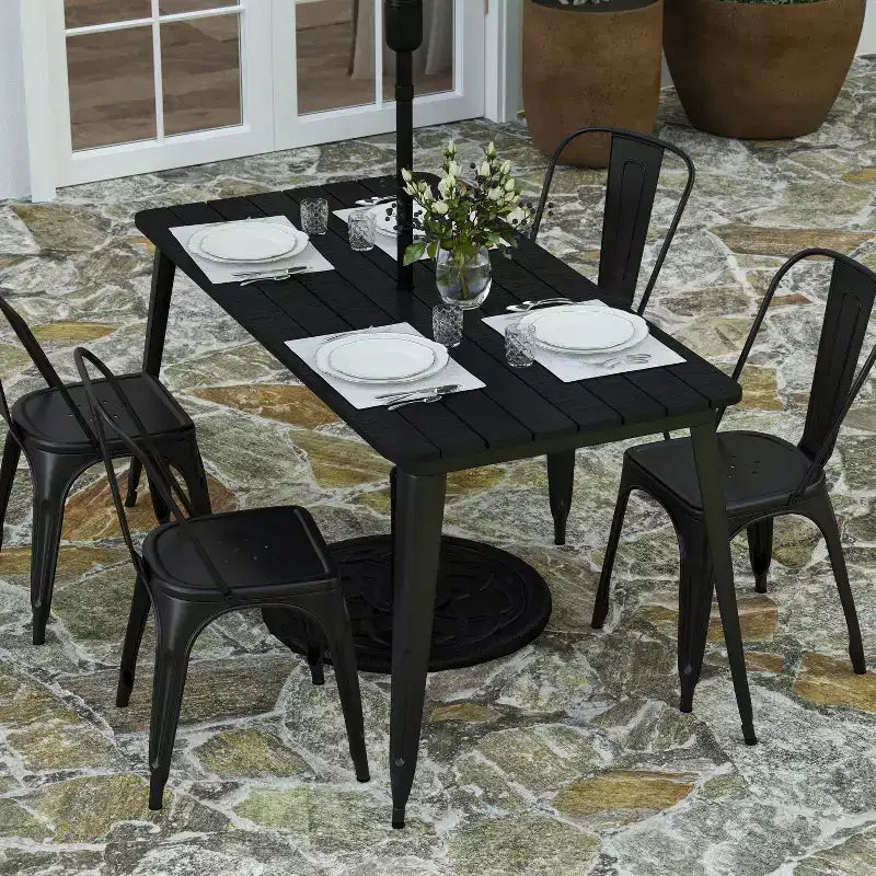 Table de salle à manger intérieure/extérieure avec trou pour parasol, plateau en polyrésine toutes saisons 30 x 60 et base en acier