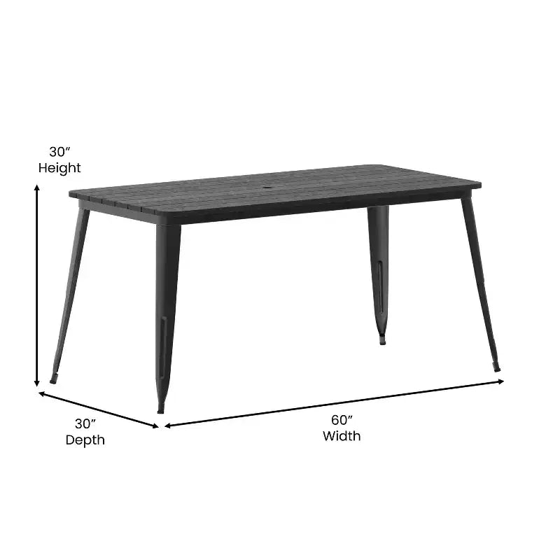 Table de salle à manger intérieure/extérieure avec trou pour parasol, plateau en polyrésine toutes saisons 30 x 60 et base en acier