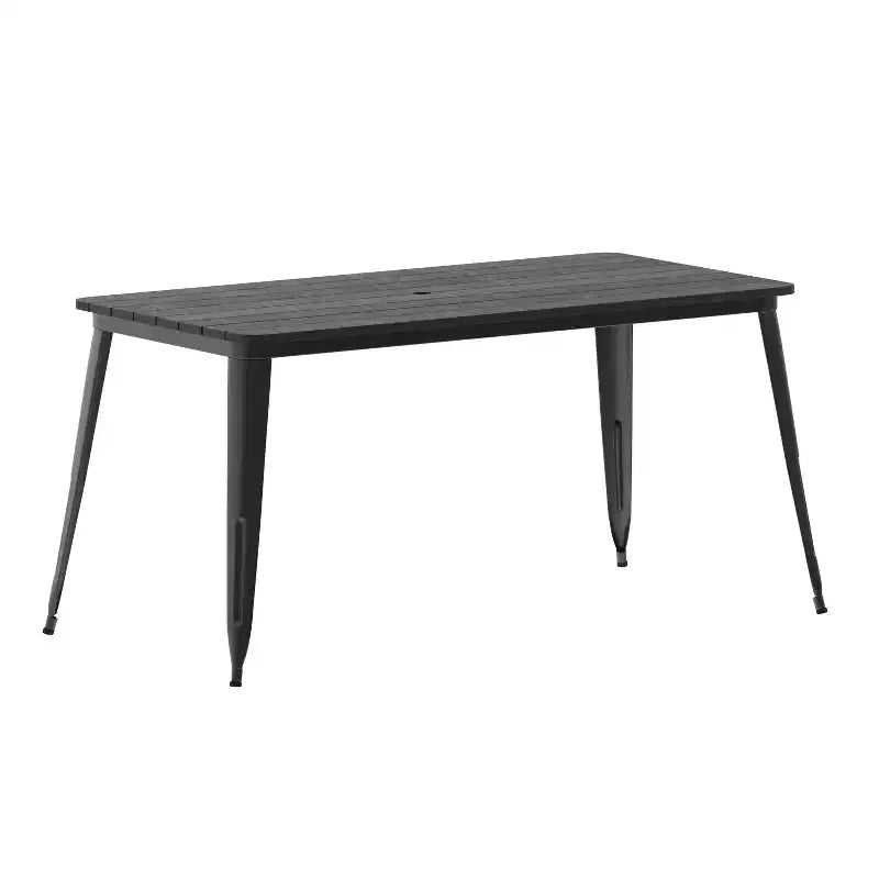 Table de salle à manger intérieure/extérieure avec trou pour parasol, plateau en polyrésine toutes saisons 30 x 60 et base en acier