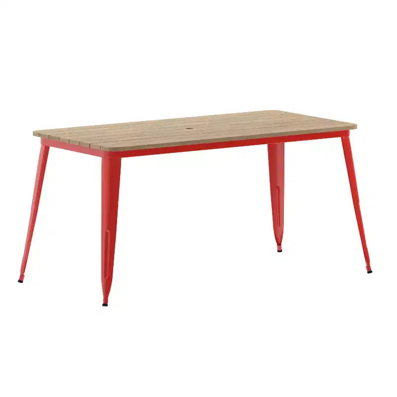 Table de salle à manger intérieure/extérieure avec trou pour parasol, plateau en polyrésine toutes saisons 30 x 60 et base en acier