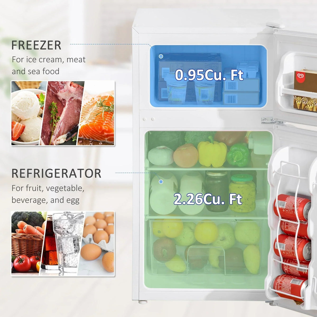 Mini-réfrigérateur HOMCOM à deux portes avec congélateur, réfrigérateur compact de 3,2 pi³ avec étagère réglable, thermostat réglable